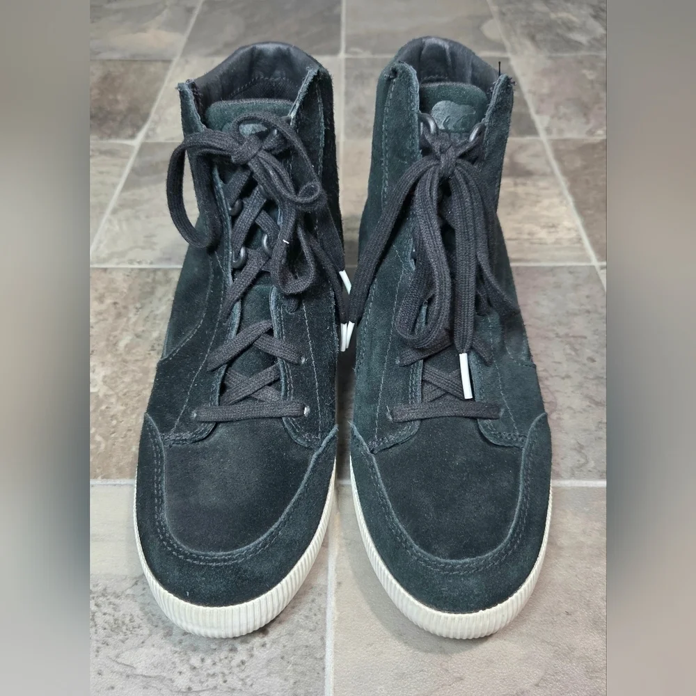 SOREL OUT 'N ABOUT SUEDE HIGH TOP WEDGE SNEAKERS.